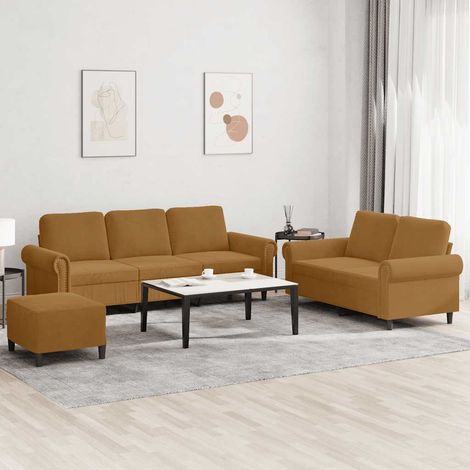 3-tlg. Sofagarnitur mit Kissen Braun Samt (1/5)
