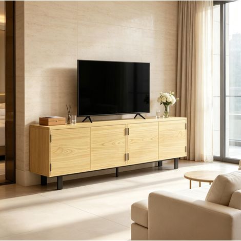 Meuble TV 180 cm pour téléviseur jusqu’à 82 pouces, 4 portes à pression, bois clair et métal, 5 pieds réglables, rangements intérieurs pour salon moderne – de CHICFURN (1/5)