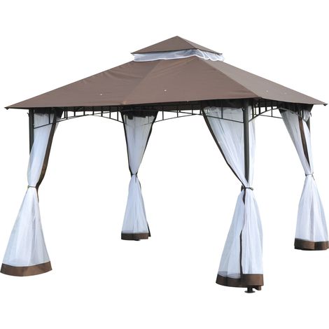 Gazebo de jardin 3x3m avec moustiquaire toit a 2 niveaux et structure en metal marron (1/5)