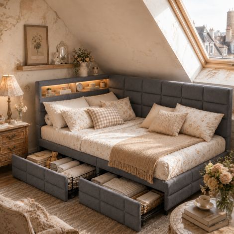 Canapé-lit adulte avec sommier - Lit capitonné 90 x 200 cm avec 2 tiroirs - Lit coffre simple 90 x 200 cm - LED et ports USB - Lin gris (1/5)