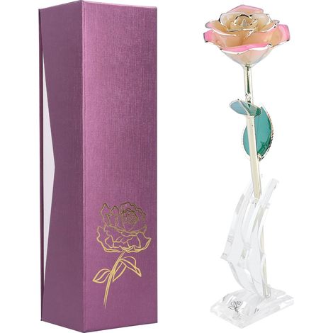 24K Gold Plating Flower White Pink Rose Green Leaf Base Gift Decoration for Valentine's Day (1/5)