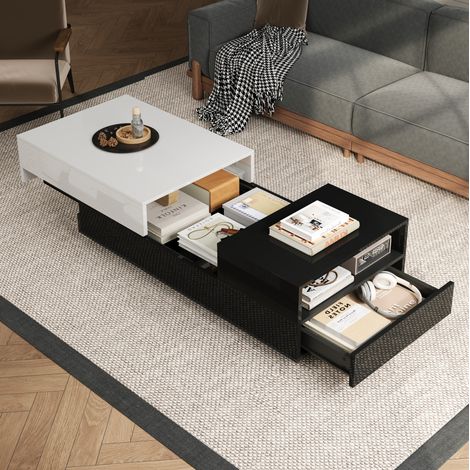 Table basse 100x50x38 cm blanc et noir en panneau de particules avec rangement, finition brillante et tiroirs (1/5)