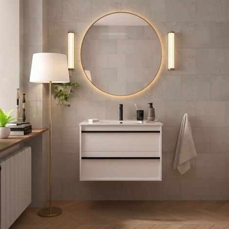 Meuble de salle de bain suspendu 80 cm avec lavabo en céramique et 2 tiroirs blanc satiné – Urban