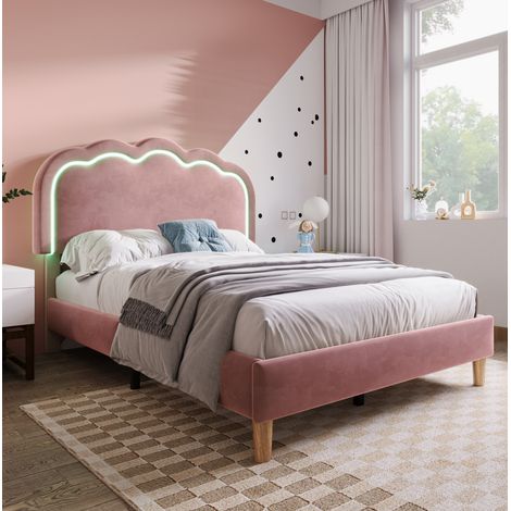 Lit rembourré LED 90x190 cm en velours rose, avec tête de lit réglable et sommier à lattes (1/5)