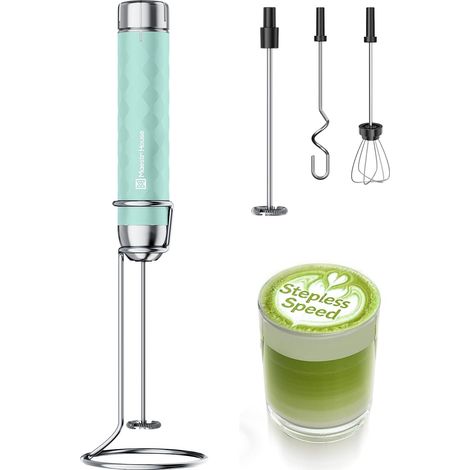 Mousseur à lait avec réglage de la vitesse en continu Mousseur à lait avec 3 fouets et support en acier inoxydable, mousseur pour matcha, latte, cappuccino, œufs, batterie USB-C (1/5)