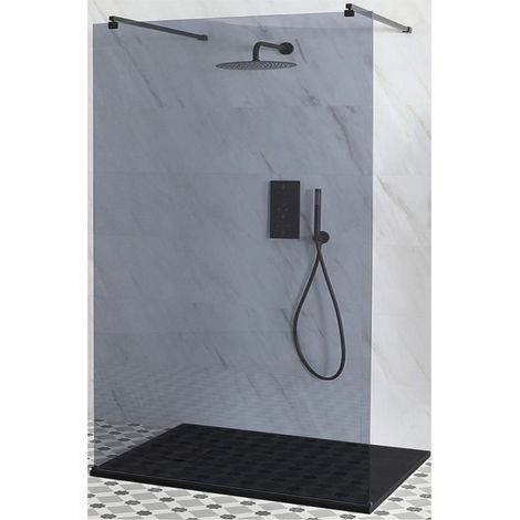 Milano Nero-Luna Black Floating Walk In Frameless Wet Room Shower Enclosure with Smoked Glass Screen Support Arms and Graphite Slate Effect Tray - 1400mm x 800mm (1/5)