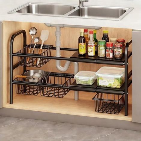 Organisateur sous évier extensible à 2 niveaux avec 4 paniers et 4 panneaux amovibles, étagère de rangement pour cuisine et placard, noir (1/5)