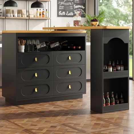 Hochwertiger ausziehbarer Bartisch 360° drehbar,verstellbare Länge 138-203cm,moderner rollbarer Tisch mit Stauraum für Küche,Wohnzimmer,Esszimmer und Homeoffice in Schwarz