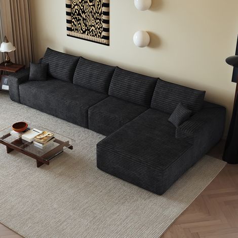 Canapé d'angle en L de 340 cm,canapé modulaire 4 places en velours côtelé avec méridienne à droite,canapé sans montage,canapé à assise profonde,Noir (1/5)