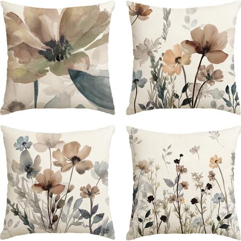 Ensemble de 4 housses de coussin à motifs de fleurs sauvages et feuilles géométriques de printemps, 40x40 cm, housse de coussin saisonnière, décorative pour canapé et salon (1/5)