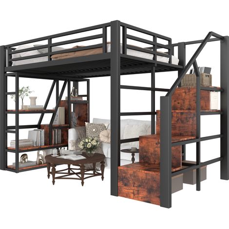 Lit mezzanine 140 x 200 cm avec échelle, rangement intégré, LED multicolore et garde-corps, structure métal et MDF, noir, pour chambre enfant - CHICFURN (1/5)