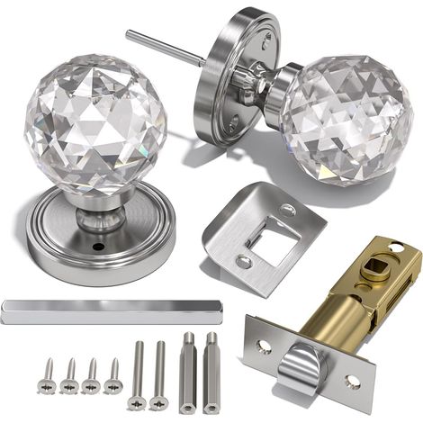 1 paire de boutons de porte en cristal nickel brossé,Poignée de porte intérieure en cristal de 65mm pour salle de bain, chambre à coucher, hall d'entrée (1/5)