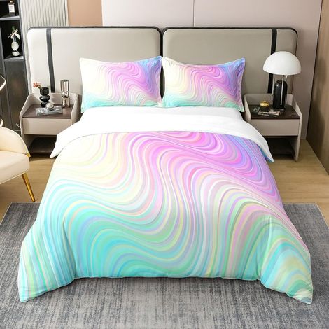 Coton, Parure de Lit 140x200 Enfant Arc en Ciel Pastel, Housse de Couette À Rayures Abstraites, Ensemble de Literie Tendance Marbrée Bleu Turquoise Rose Violet, Psychédélique (1/5)
