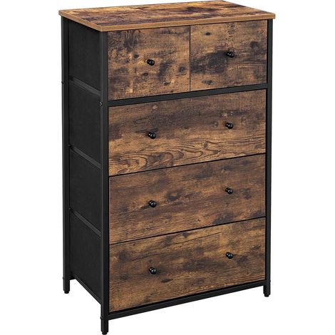Songmics – Commode enfant 5 tiroirs en tissu – MDF marron rustique et noir – Design industriel – Dimensions 56 x 30 x 89,3 cm