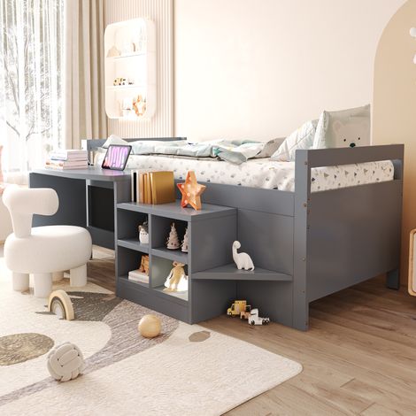 Bett mit Schreibtisch und Staufächern 90x200 Grau OKMYHOME