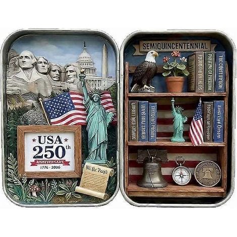 Diorama de poche en boîte métallique pour le 250e anniversaire des États-Unis, décoration miniature 3D du semi-quincentenaire, objet de collection patriotique sur l'histoire américaine, 1 pièce (1/2)