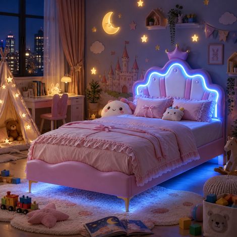 JOOKGBD-Kinderbett Polsterbett 90x200 cm,Einzelbett mit Höhenverstellbares Prinzessinnenkronen-Kopfteil und LED,Jugendbett, Lattenrost,Jugendbett skandinavischer Stil,PU-Leder,Rosa,ohne Matratze