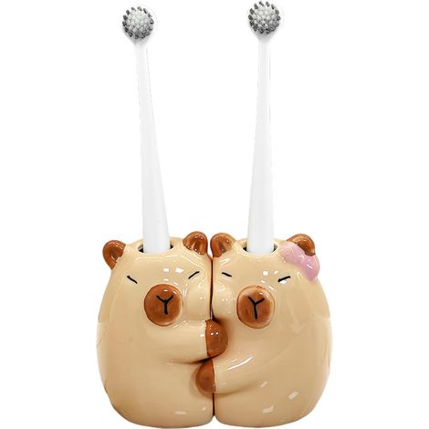 Juego de 2 adorables portavasos de cerámica con forma de capibara y doble función: portacepillos de dientes y portabolígrafos.