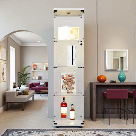 Vitrine aus Glas, mit LED, 4 Regalen, Präsentationsschrank für das Wohnzimmer, für Sammlungen, 164 x 42 x 36cm, Weiß