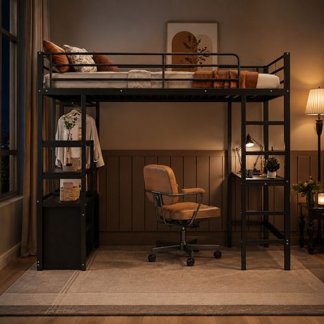 Letto a soppalco per bambini, 90x200 cm, con scrivania, presa e USB, ripiani, in metallo nero, senza materasso (1/5)