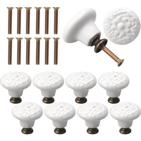 10 Pièces Bouton de Meuble Porcelaine 34mm - Vintage pour Portes, Placards, Tiroirs, Buffets - Avec Vis (Blanc) (1/5)