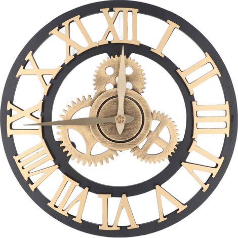Horloge murale 3D rétro en bois style industriel engrenages vintage décoration salon dorée 34CM (1/5)