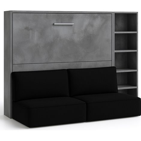 Lit escamotable horizontal LOGIA Noir lit+canapé+étagère-160x200-Canapé Noir-Structure Gris ciment-Version lit+canapé+étagère (1/5)