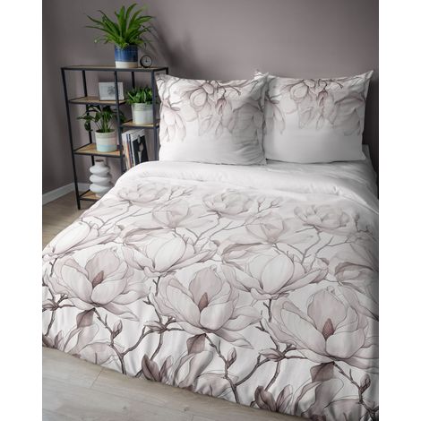 Linge de lit en satin 220x200 cm, coloris poudre Detexpol, motif fleurs de magnolia blanc. (1/5)