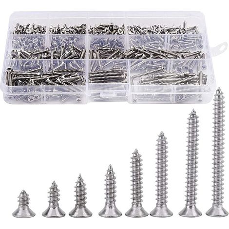 Vis Autotaraudeuses - Tête Plate Cruciforme - Acier Inoxydable 304 - Longueurs 6 à 30 mm - Pour Menuiserie Bois - 400 Pièces