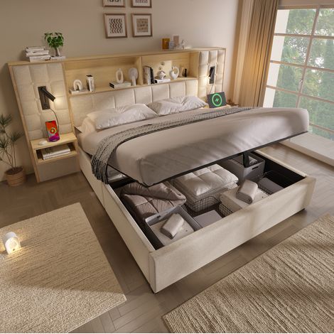 Cama tapizada vintage 180x200 cm beige con arcón, LED, 2 mesitas, USB-C y somier de láminas (1/5)