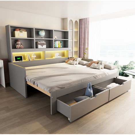 Schlafsofa 90/180x200 cm grau aus MDF mit Stauraum, LED-Beleuchtung und Steckdosen (1/5)