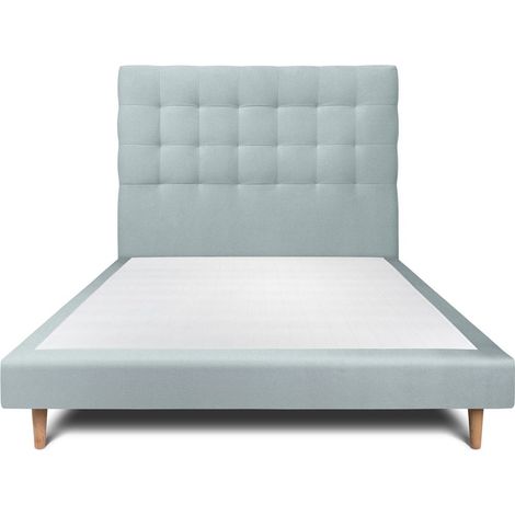 Lit 150x190cm avec tête de lit capitonnée velours et sommier tapissier gris bleuté - Hauteur totale : 29cm (1/5)