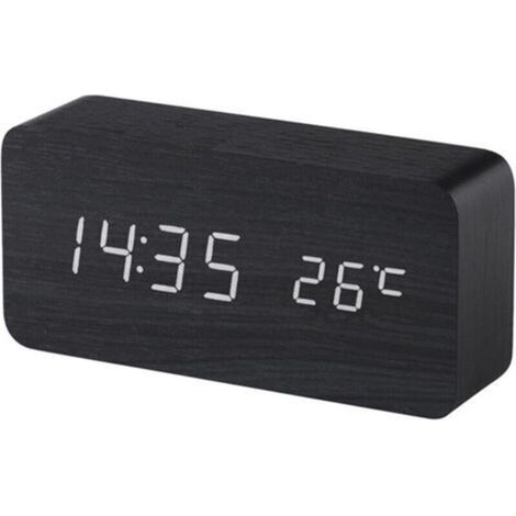 (Noir) Réveil digital en bois avec contrôle sonore par LED, alimentation double par batterie USB, horloge silencieuse en bois avec LED, décorations pour la maison (1/4)