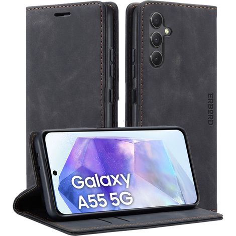 Funda para Samsung Galaxy A55, Erbord Vintage Wallet Flip Cover, negra + protector de pantalla de cristal (1/5)