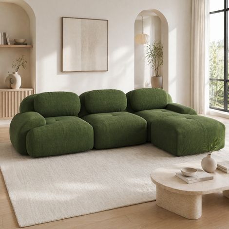 Sofá modular en esquina (298x178x70 cm), sin montaje, de diseño ergonómico, tapizado en pana verde (1/5)