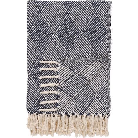 FATHIA - Plaid 130x180cm Bleu et Beige à Motifs Losanges (1/4)