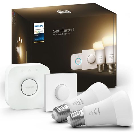 Philips Hue White Starter Kit con 2 Lampadine, con Bluetooth, Dimmerabili, Attacco E27 + 1 Bridge Hue Controllo Completo del Sistema + 1 Telecomando Hue Smart Button, Bianco (1/4)
