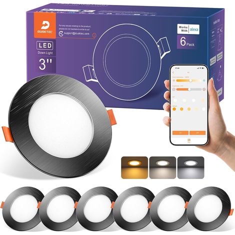 Spot LED Encastrable Connectée Bluetooth Alexa, 220V Spot Encastré Intensité Variable 2700K-6000K Réglable Blanc Chaud, Neutre & Froid Dimmable 7W, IP44 Spot Salle de Bain Plat, Lot de 6 (1/5)