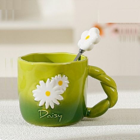 Tasse à fleurs mignonne avec cuillère - Motif fleurs de camomille - Tasse à café en porcelaine - Tasse à café mignonne - Tasse de petit-déjeuner - Tasse à lait - Tasse de bureau pour filles (1/4)