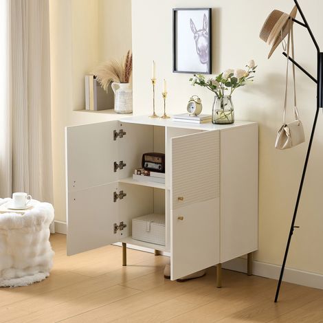Buffet bas de rangement 80x36x90 cm, Buffet moderne en MDF avec portes rainurées et pieds en acier, Style contemporain meuble de salon couloir, Blanc (1/5)