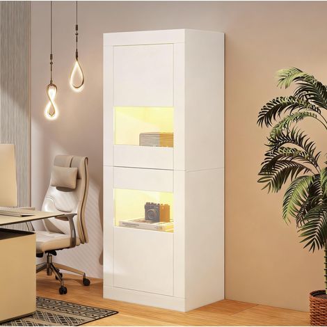 Vitrine 61x42x162 cm blanche en panneaux de particules avec LED, étagères en verre réglables (1/5)