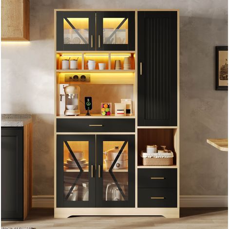 Credenza alta 105x40x185 cm in MDF nero e legno chiaro, con contenitore per cucina FloraGrace (1/5)