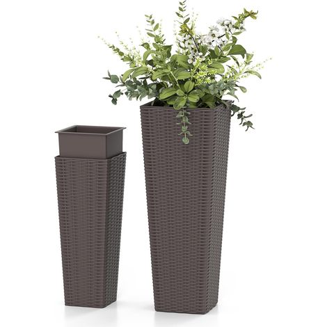 GOPLUS 2PCS Pot de Fleur Exterieur Carrés, Cache Pot Plante Interieur en Plastique Auto-Arrosants avec Trous de Drainage et Godet Amovible, Jardinière Décoratif pour Porche, Jardin et Véranda (Café) (1/5)