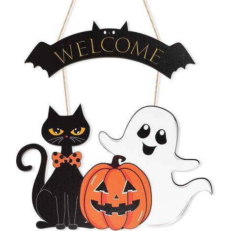 Couronne de porte fantôme en bois pour Halloween, ornée d'une citrouille et d'un chat noir. Décoration murale idéale pour la maison, l'intérieur, l'extérieur et les fêtes champêtres. (1/5)