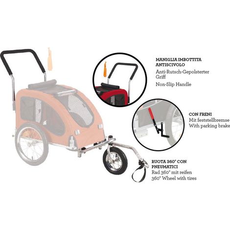 Kit de jogging pour remorque à chien – Charge max. 30 kg – Roue avant 360° – Freins et poignée antidérapante – Croci
