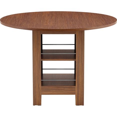 Mesa de comedor redonda moderna de MDF efecto nogal, 100 cm, con compartimentos abiertos (1/5)