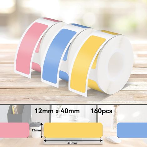 Etiquetas P15, 3 rollos de etiquetas adhesivas térmicas de 12 mm x 40 mm, compatibles con impresora de etiquetas P15, rosa, amarillo y azul, 160 etiquetas por rollo (1/5)