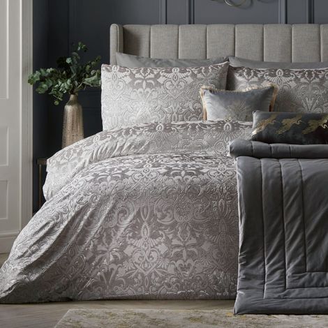 Housse de Couette Damassé Gaufré Argent 200 x 200 cm Parure de Lit Jacquard Avec 2 Taies d'Oreiller Literie Velours (1/4)