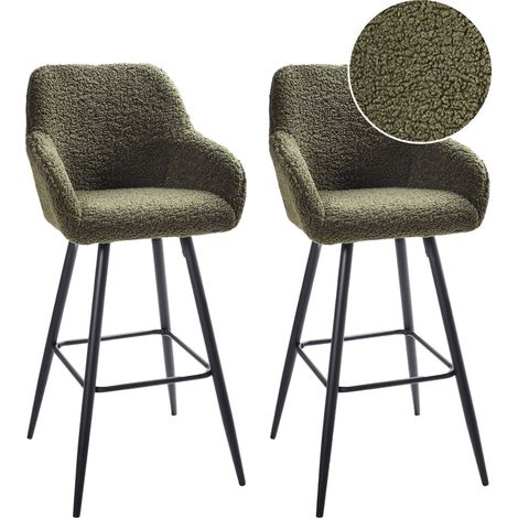 Conjunto de 2 sillas de bar moderno de bouclé acolchado con reposabrazos patas de metal verde oscuro Casmalia