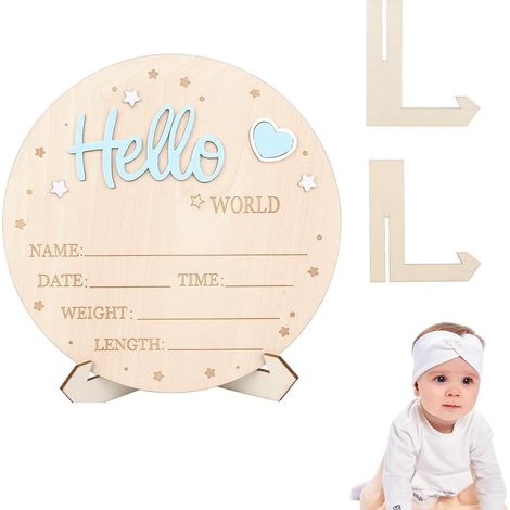 Plaque Annonce Bébé « Bonjour Monde » en Bois Bleu, Carte du Monde pour Pronostic de Naissance, Accessoire Décoration Chambre Bébé pour Baby Shower ou Naissance à l’Hôpital (1/5)
